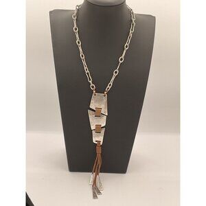 ALM Soho Silver Tone Chain Necklace With Metal & Leather Tassel